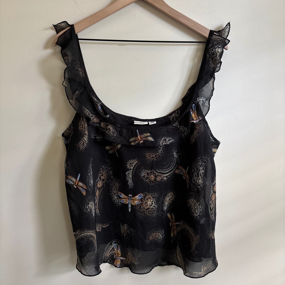Cato Woman Black Dragonfly Paisley Ruffle Sheer Tank Top Plus Size 22/24W